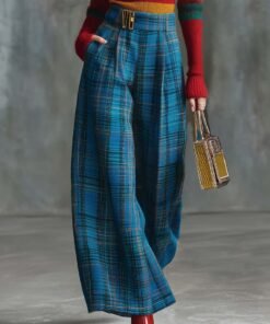 Vintage Fashion Versatile Blue Plaid Wide-leg Pants