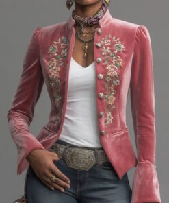Western-style Stand-up Collar Single-breasted Floral Embroidered Velvet Jacket