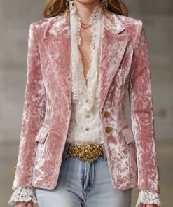 Fashion Retro Pink Velvet Gold Button Blazer
