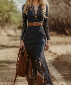Vintage Bohemian Blue Lace Long Sleeve Midi Dress