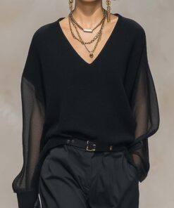 Breathable And Casual Comfortable V-neck Transparent Long-sleeved Black Knitted Blouse Top