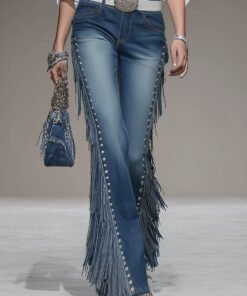 Western Blue Denim Side Tassel Rivet Flared Pants