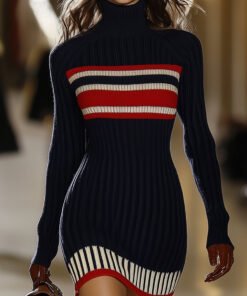 Retro French Elegant Fashionable High Collar Red And White Striped Dress Knit Top